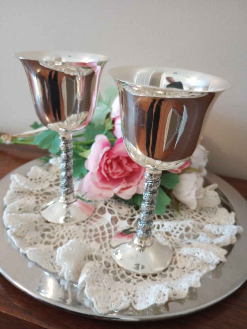 Pair of Silver Wine Goblets Twisted Stem Ornate Wedding More Available